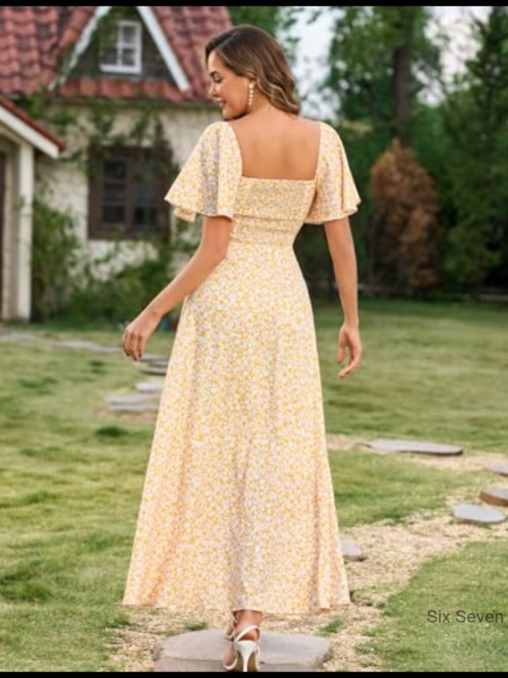Polyester Maxi Dress with Smocked Back, V-Neck, A-Line Flowy Summer Casual - Picture 3 of 6